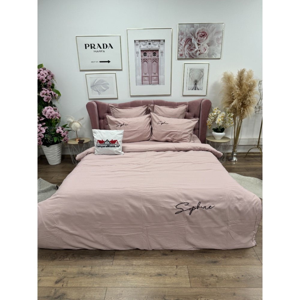 Lenjerie pat dublu, Finet Soft Touch cu Broderie, 6 piese, Roz - 2
