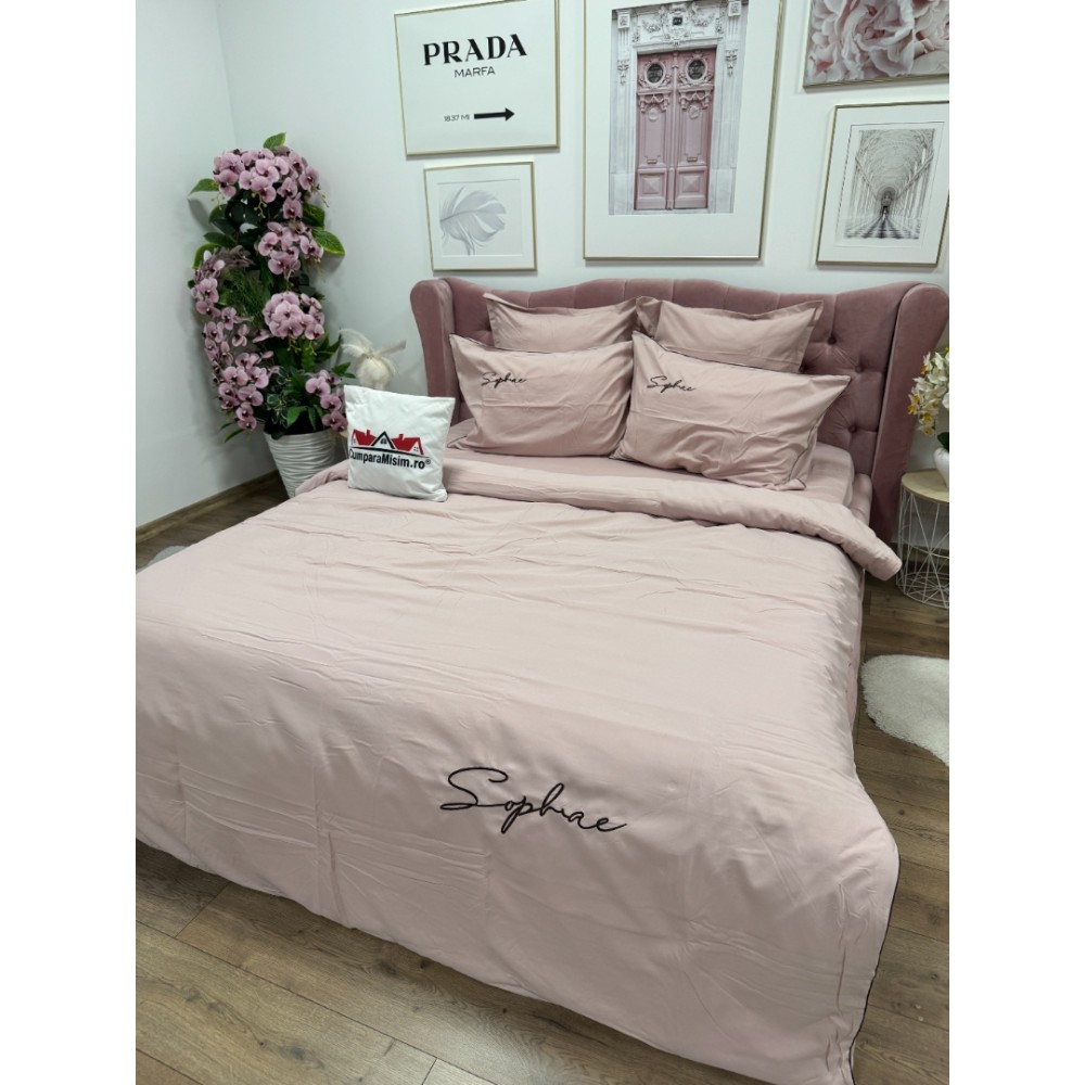 Lenjerie pat dublu, Finet Soft Touch cu Broderie, 6 piese, Roz - 5
