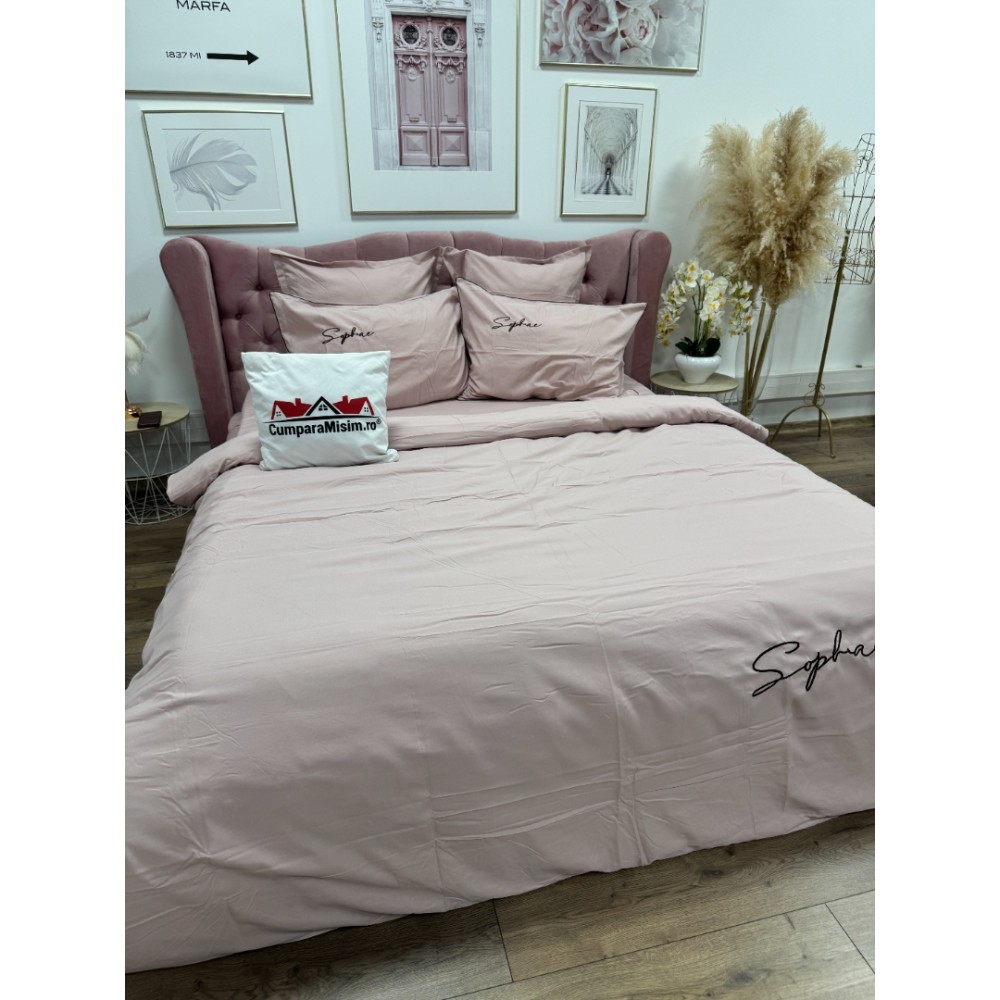 Lenjerie pat dublu, Finet Soft Touch cu Broderie, 6 piese, Roz - 3
