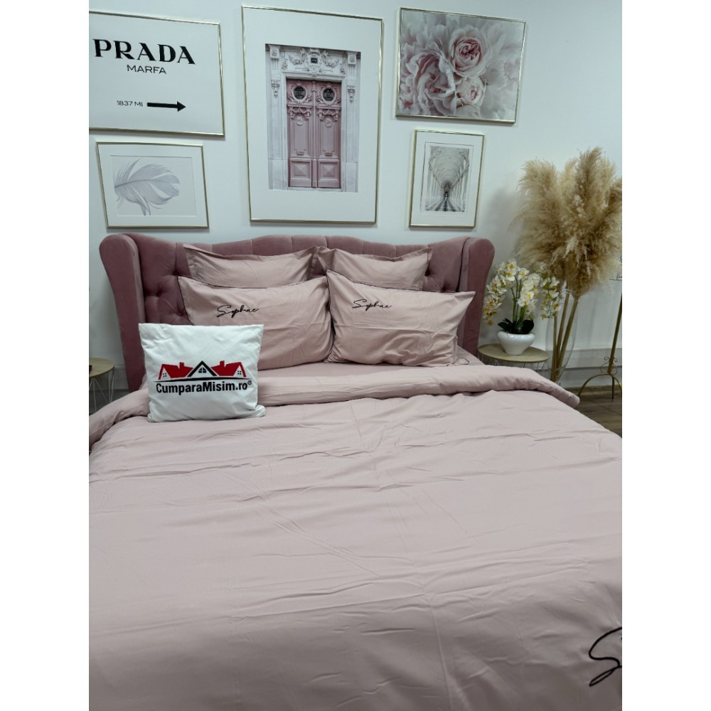 Lenjerie pat dublu, Finet Soft Touch cu Broderie, 6 piese, Roz - 4