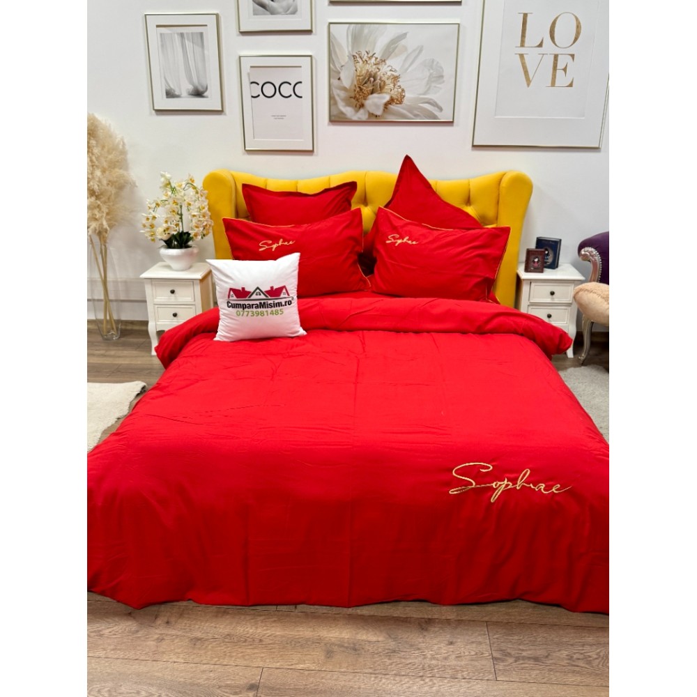 Lenjerie pat dublu, Finet Soft Touch cu Broderie, 6 piese, Rosu — imaginea 2