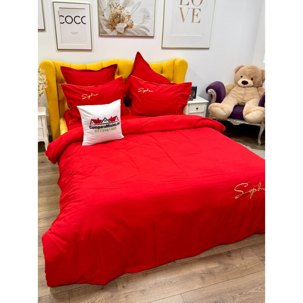 Lenjerie pat dublu, Finet Soft Touch cu Broderie, 6 piese, Rosu — imaginea 3