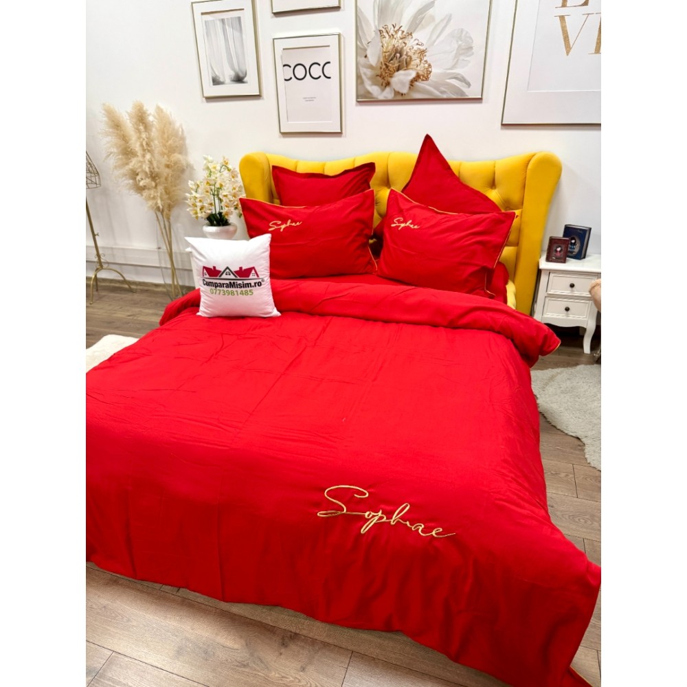 Lenjerie pat dublu, Finet Soft Touch cu Broderie, 6 piese, Rosu — imaginea 4