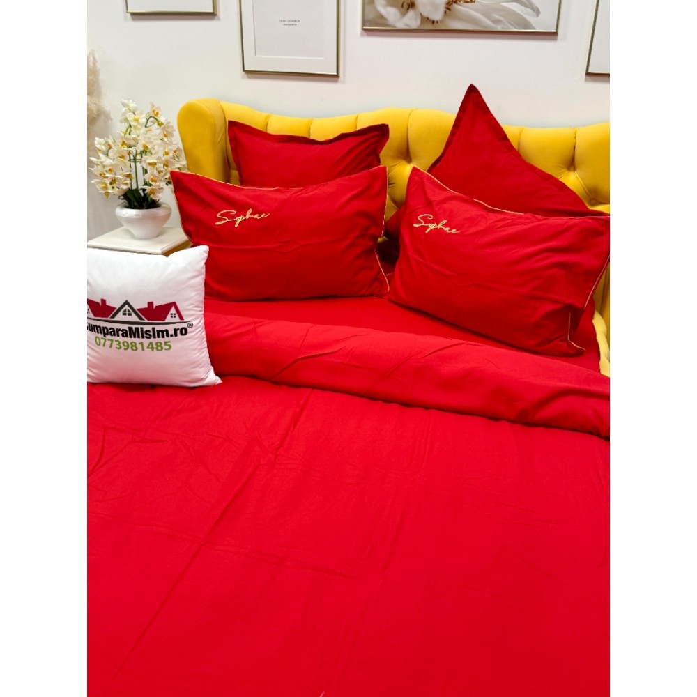 Lenjerie pat dublu, Finet Soft Touch cu Broderie, 6 piese, Rosu — imaginea 5