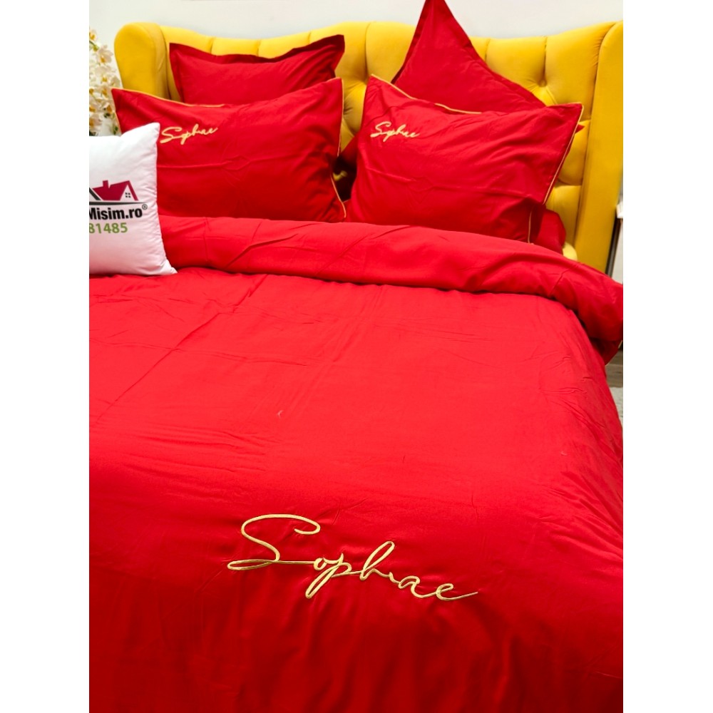 Lenjerie pat dublu, Finet Soft Touch cu Broderie, 6 piese, Rosu — imaginea 6