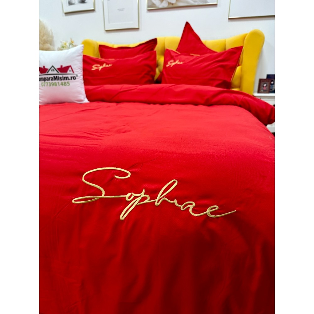 Lenjerie pat dublu, Finet Soft Touch cu Broderie, 6 piese, Rosu — imaginea 9