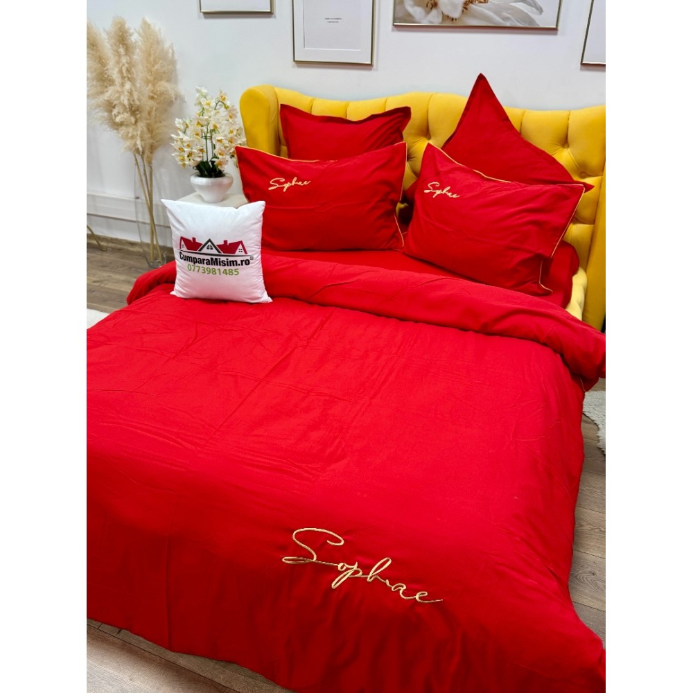 Lenjerie pat dublu, Finet Soft Touch cu Broderie, 6 piese, Rosu — imaginea 10