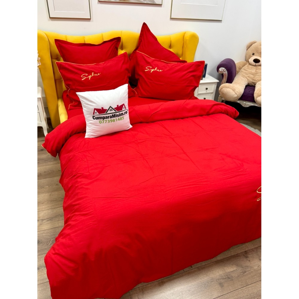 Lenjerie pat dublu, Finet Soft Touch cu Broderie, 6 piese, Rosu — imaginea 11