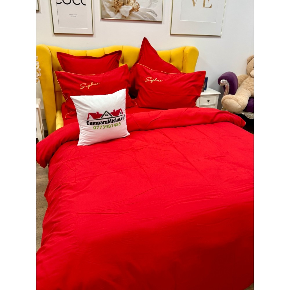 Lenjerie pat dublu, Finet Soft Touch cu Broderie, 6 piese, Rosu — imaginea 12