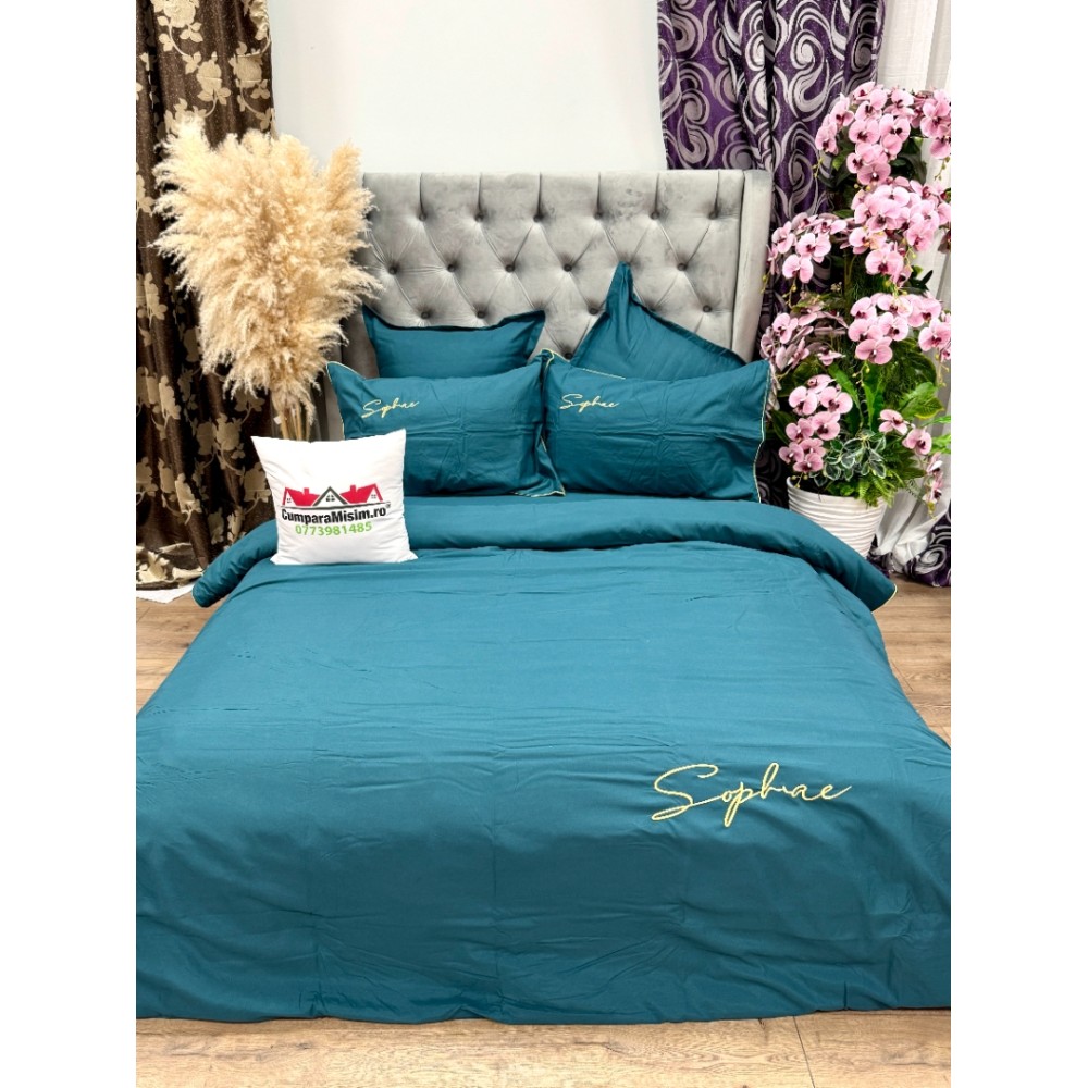 Lenjerie pat dublu, Finet Soft Touch cu Broderie, 6 piese, Albastru — imaginea 2