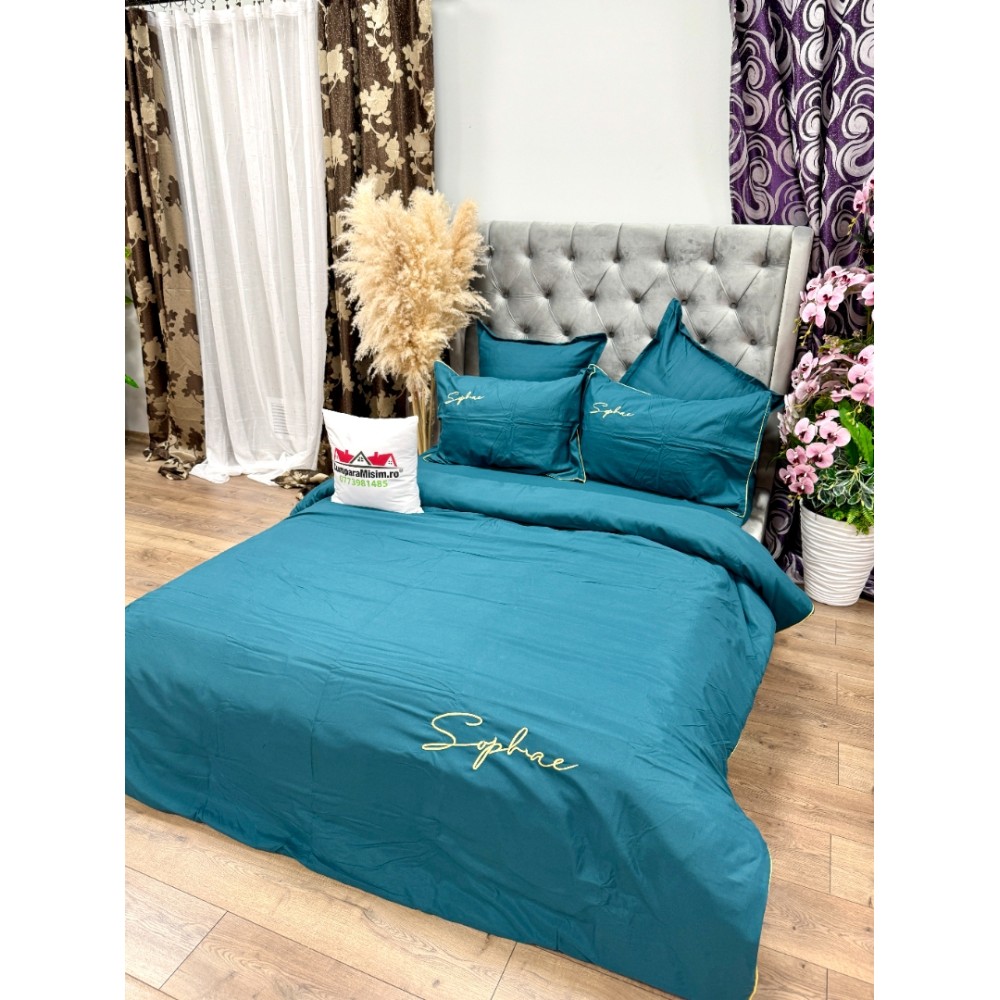 Lenjerie pat dublu, Finet Soft Touch cu Broderie, 6 piese, Albastru — imaginea 3