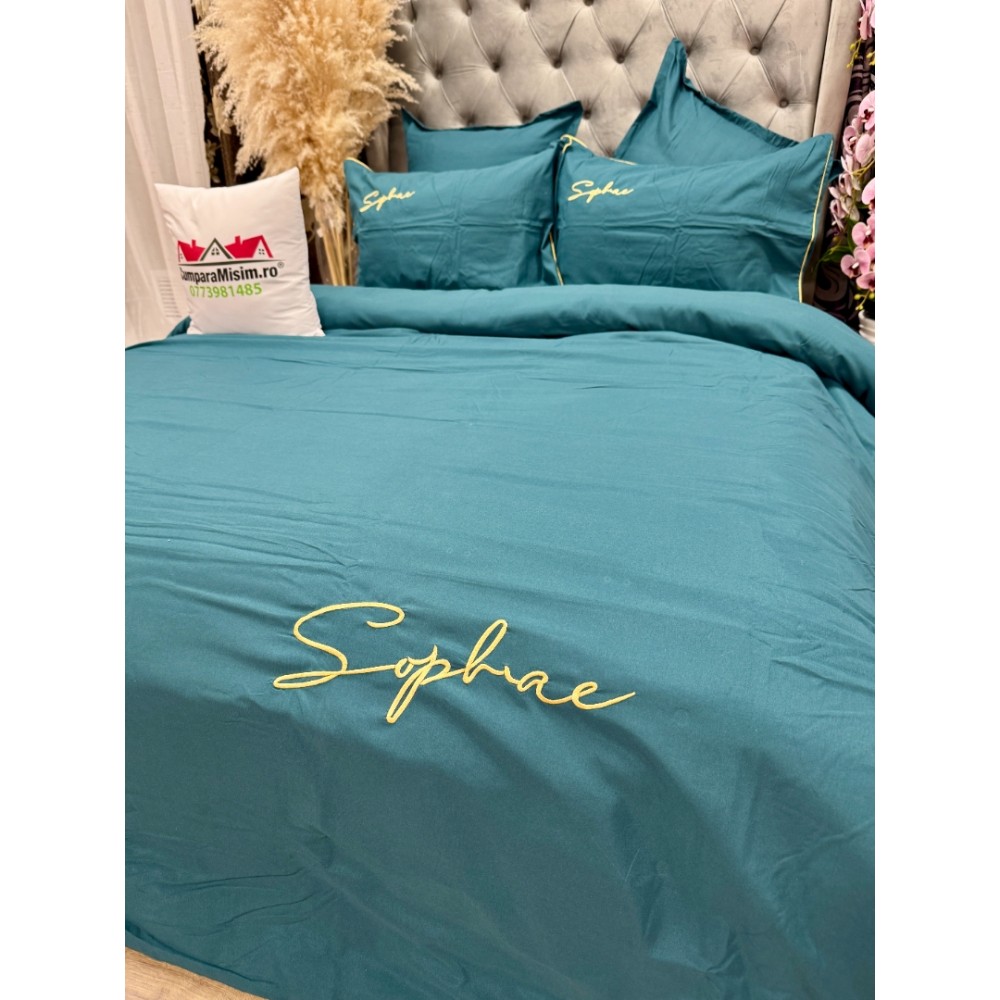 Lenjerie pat dublu, Finet Soft Touch cu Broderie, 6 piese, Albastru — imaginea 4