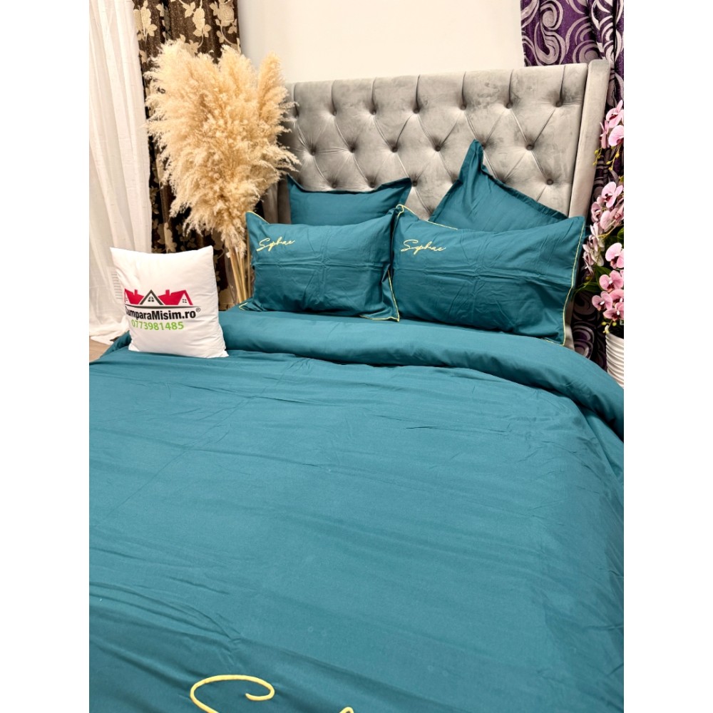 Lenjerie pat dublu, Finet Soft Touch cu Broderie, 6 piese, Albastru — imaginea 5