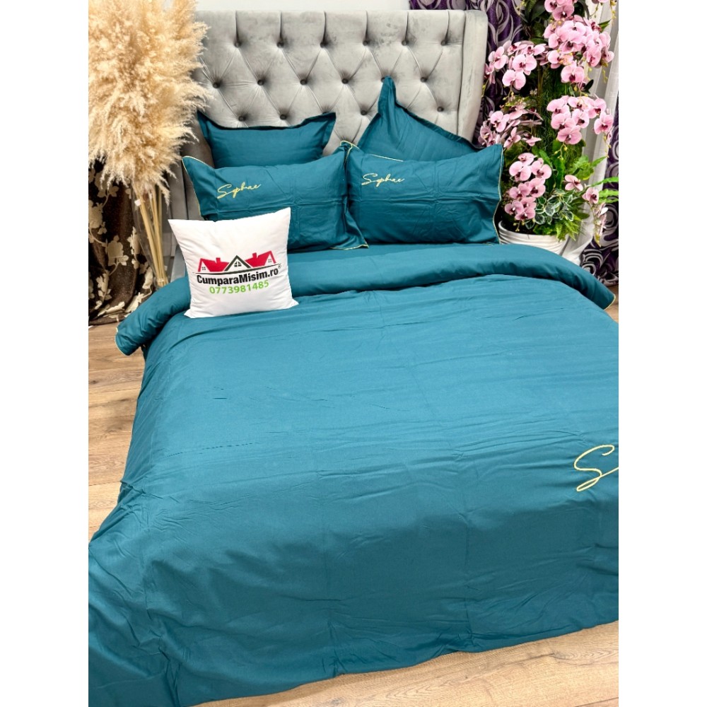 Lenjerie pat dublu, Finet Soft Touch cu Broderie, 6 piese, Albastru — imaginea 6