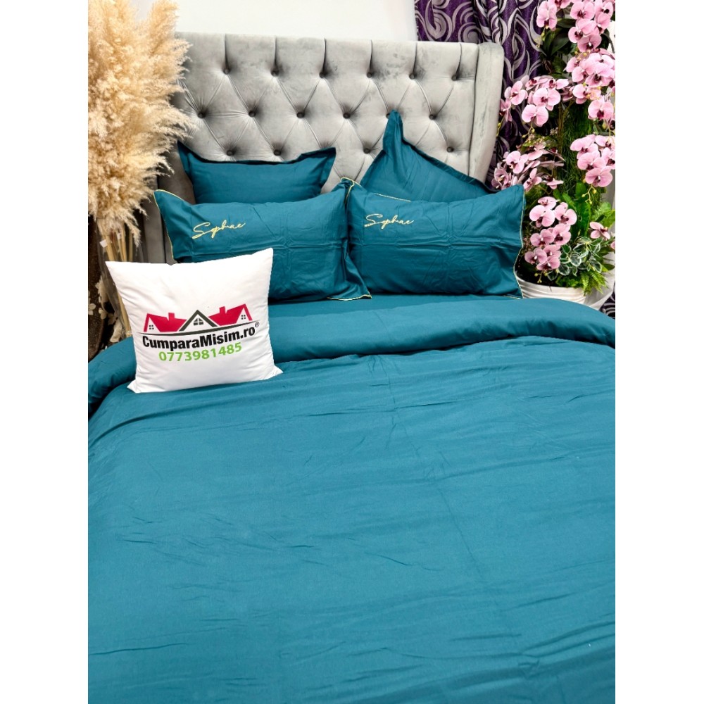 Lenjerie pat dublu, Finet Soft Touch cu Broderie, 6 piese, Albastru — imaginea 7