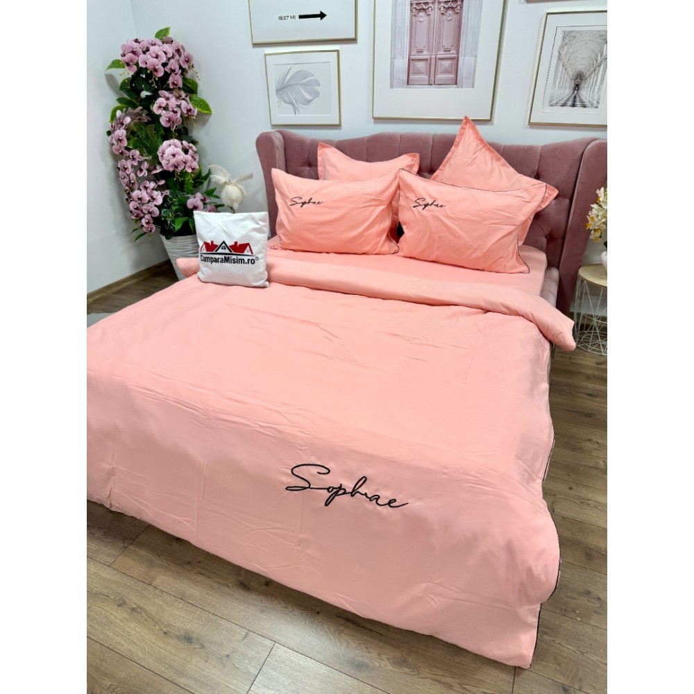 Lenjerie pat dublu, Finet Soft Touch cu Broderie, 6 piese, Roz - 3