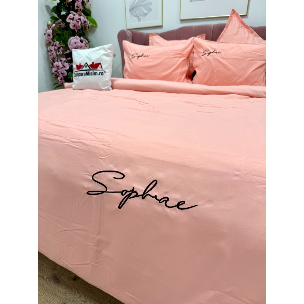 Lenjerie pat dublu, Finet Soft Touch cu Broderie, 6 piese, Roz — imaginea 4