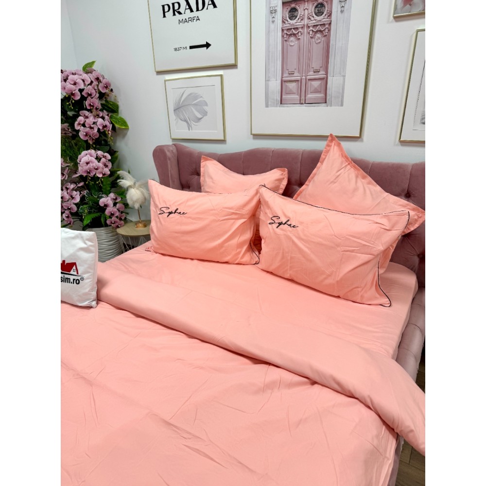 Lenjerie pat dublu, Finet Soft Touch cu Broderie, 6 piese, Roz — imaginea 5