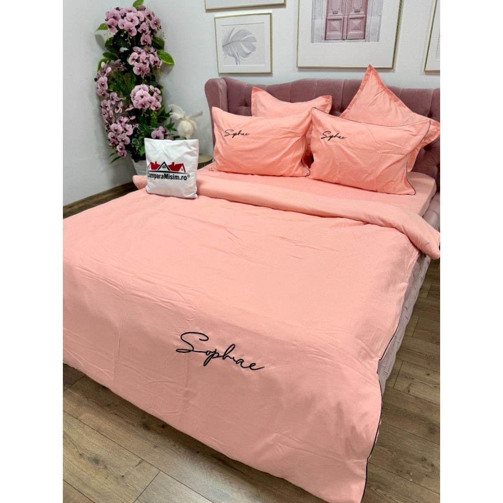 Lenjerie pat dublu, Finet Soft Touch cu Broderie, 6 piese, Roz — imaginea 7