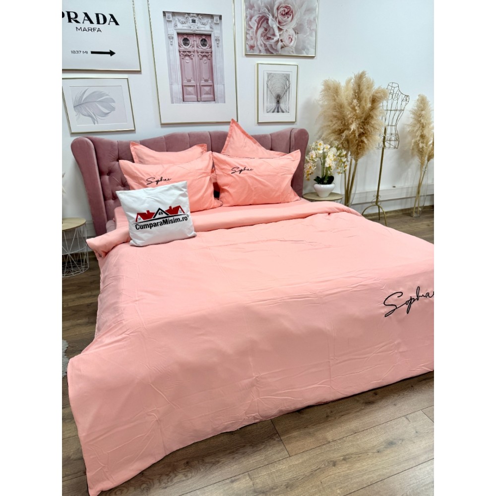 Lenjerie pat dublu, Finet Soft Touch cu Broderie, 6 piese, Roz — imaginea 10