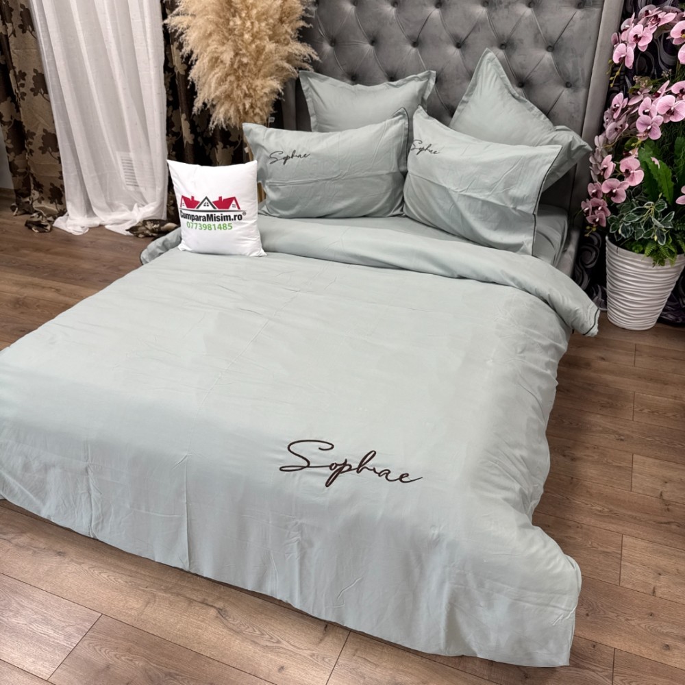 Lenjerie pat dublu, Finet Soft Touch cu Broderie, 6 piese, Gri - 3