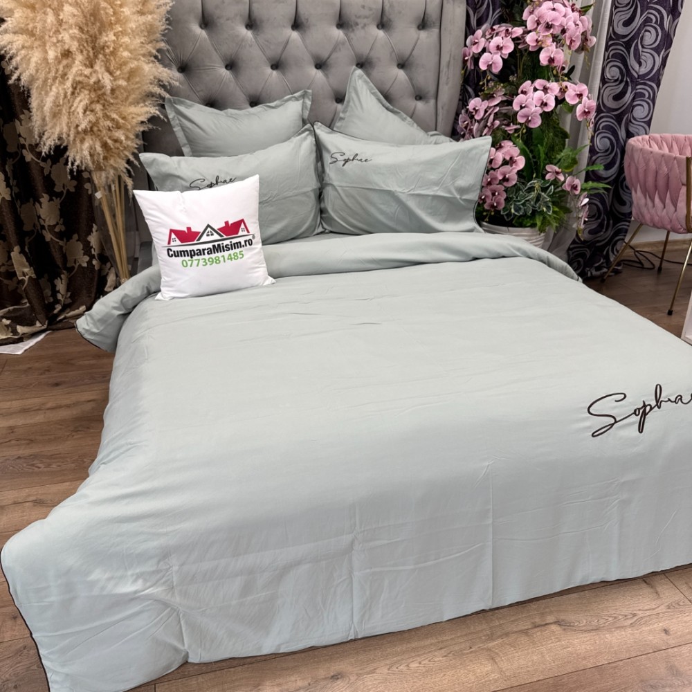 Lenjerie pat dublu, Finet Soft Touch cu Broderie, 6 piese, Gri - 4
