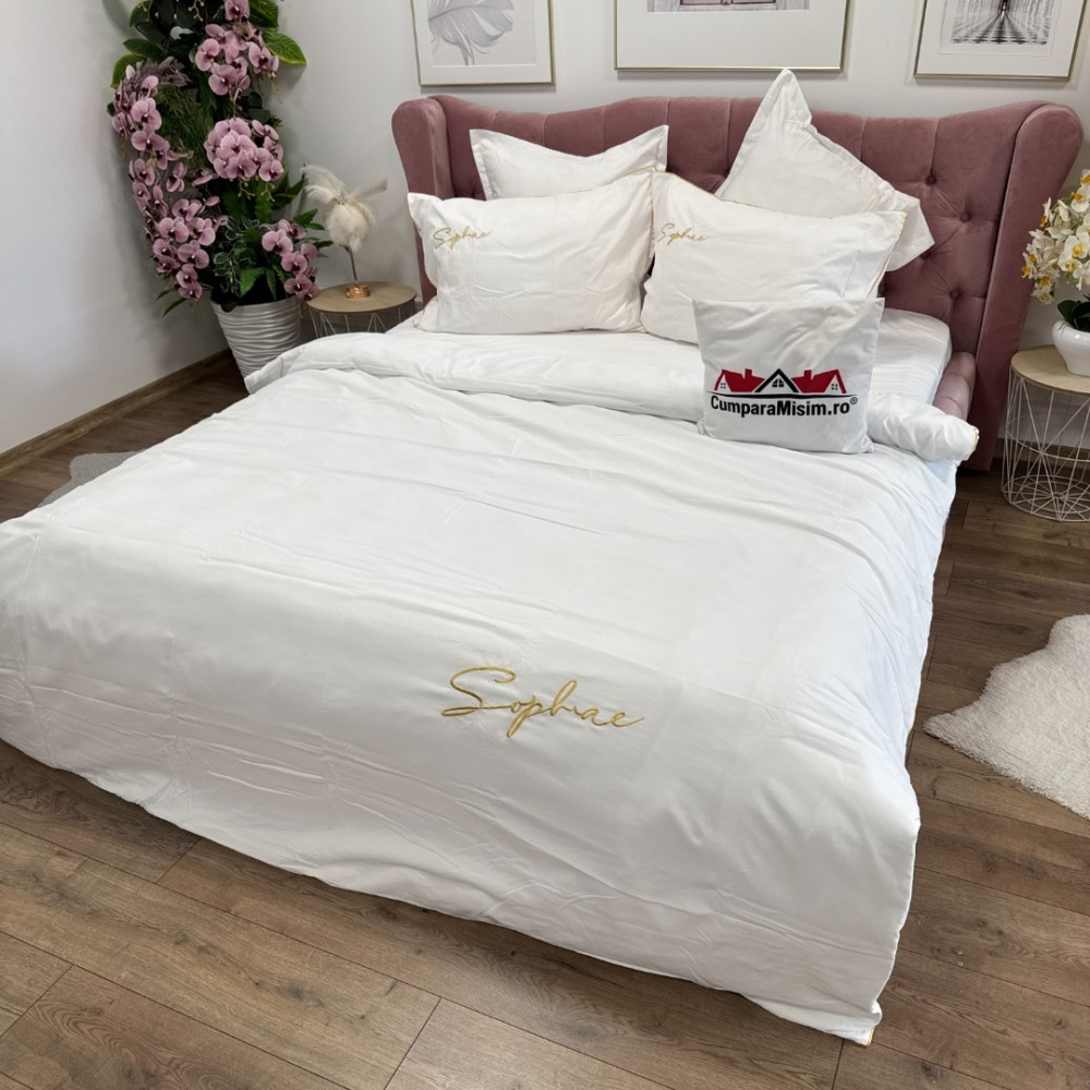 Lenjerie pat dublu, Finet Soft Touch cu Broderie, 6 piese, Alb — imaginea 3