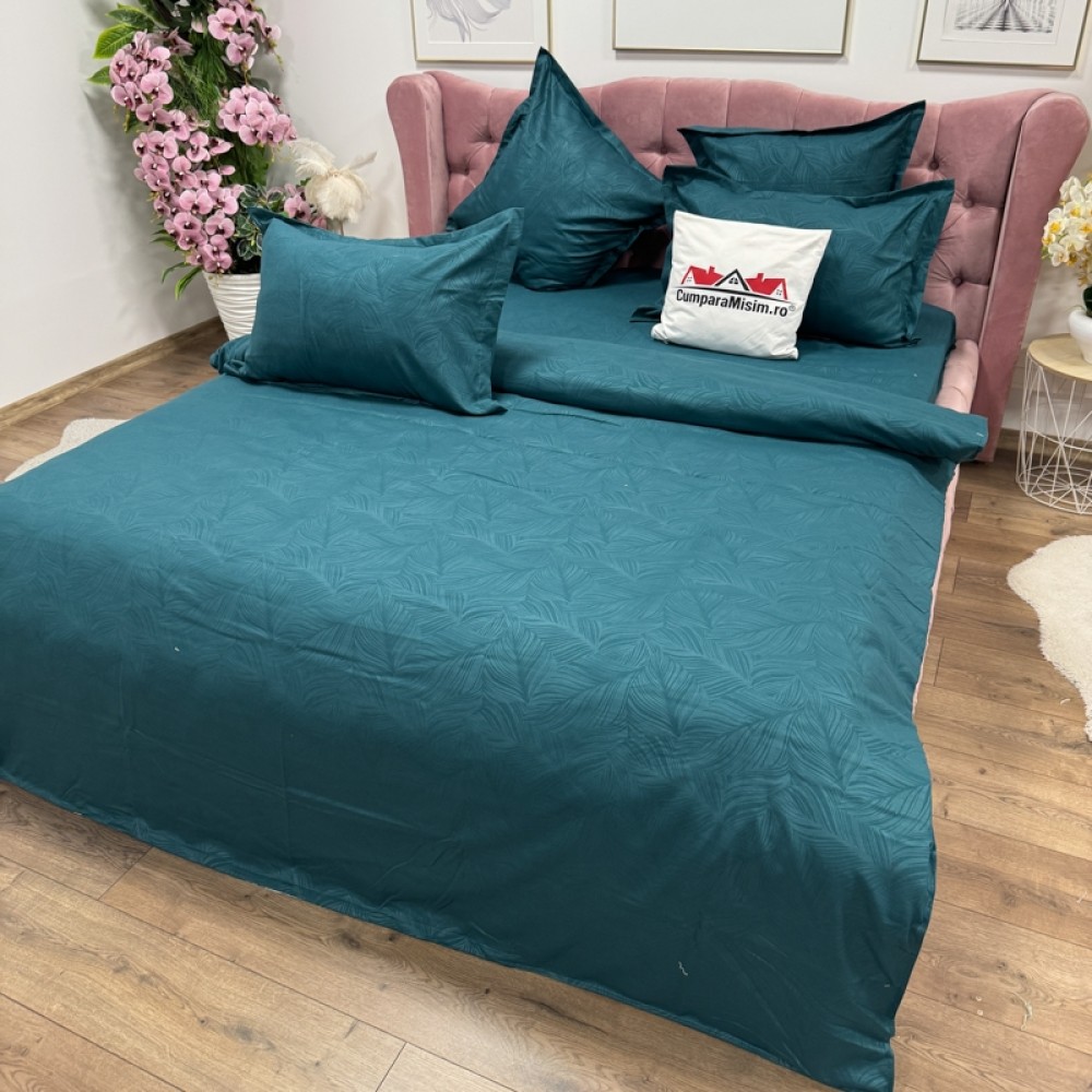 Lenjerie pat dublu, Finet tip Damasc cu Frunze, 6 piese, Verde — imaginea 3
