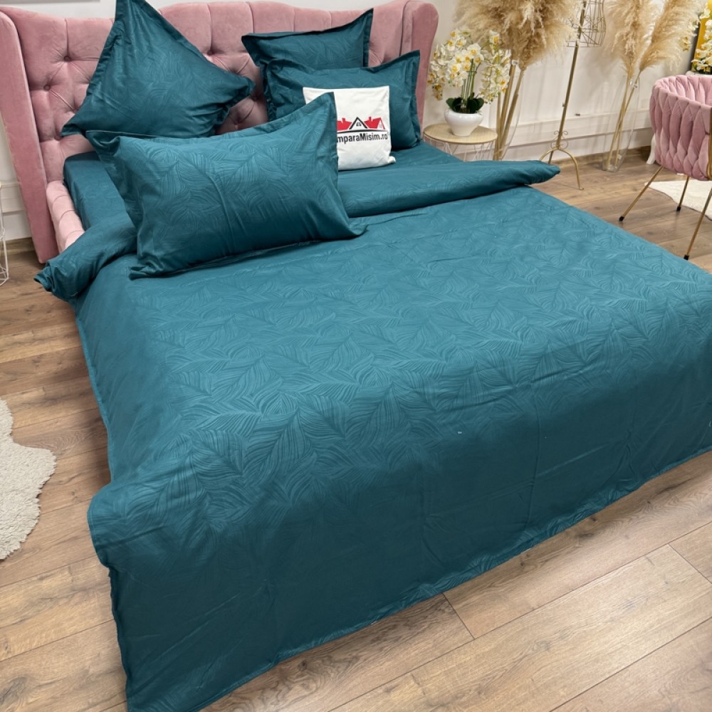 Lenjerie pat dublu, Finet tip Damasc cu Frunze, 6 piese, Verde — imaginea 4