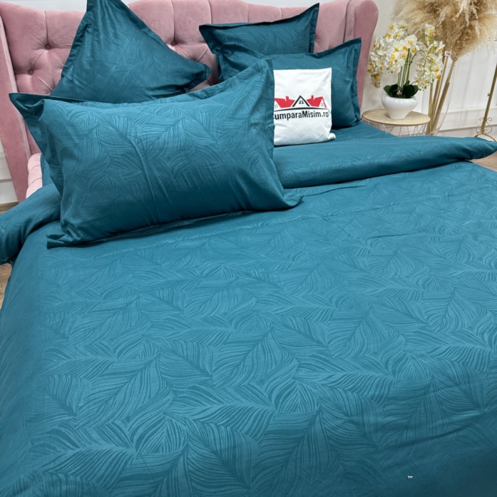 Lenjerie pat dublu, Finet tip Damasc cu Frunze, 6 piese, Verde — imaginea 5