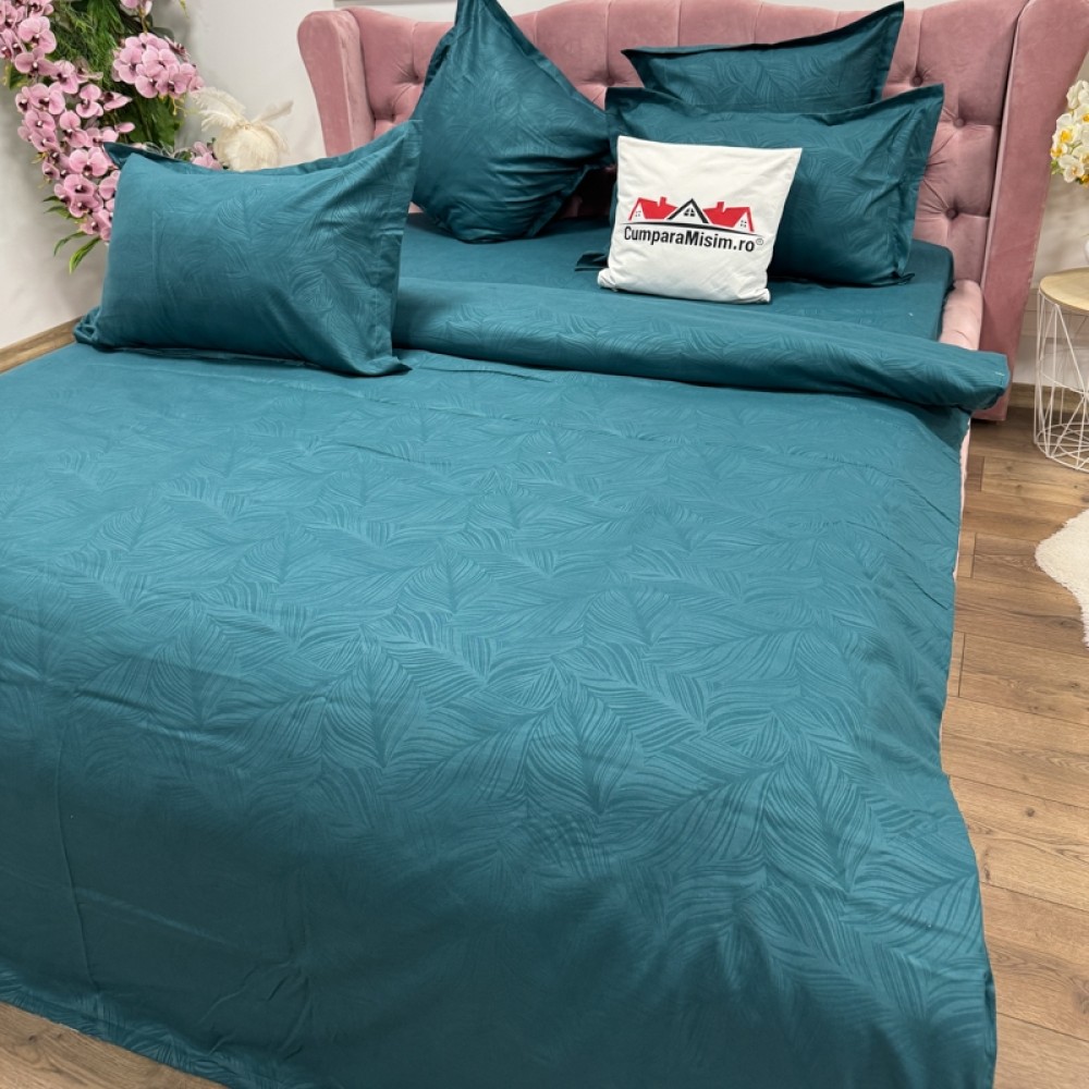 Lenjerie pat dublu, Finet tip Damasc cu Frunze, 6 piese, Verde — imaginea 7