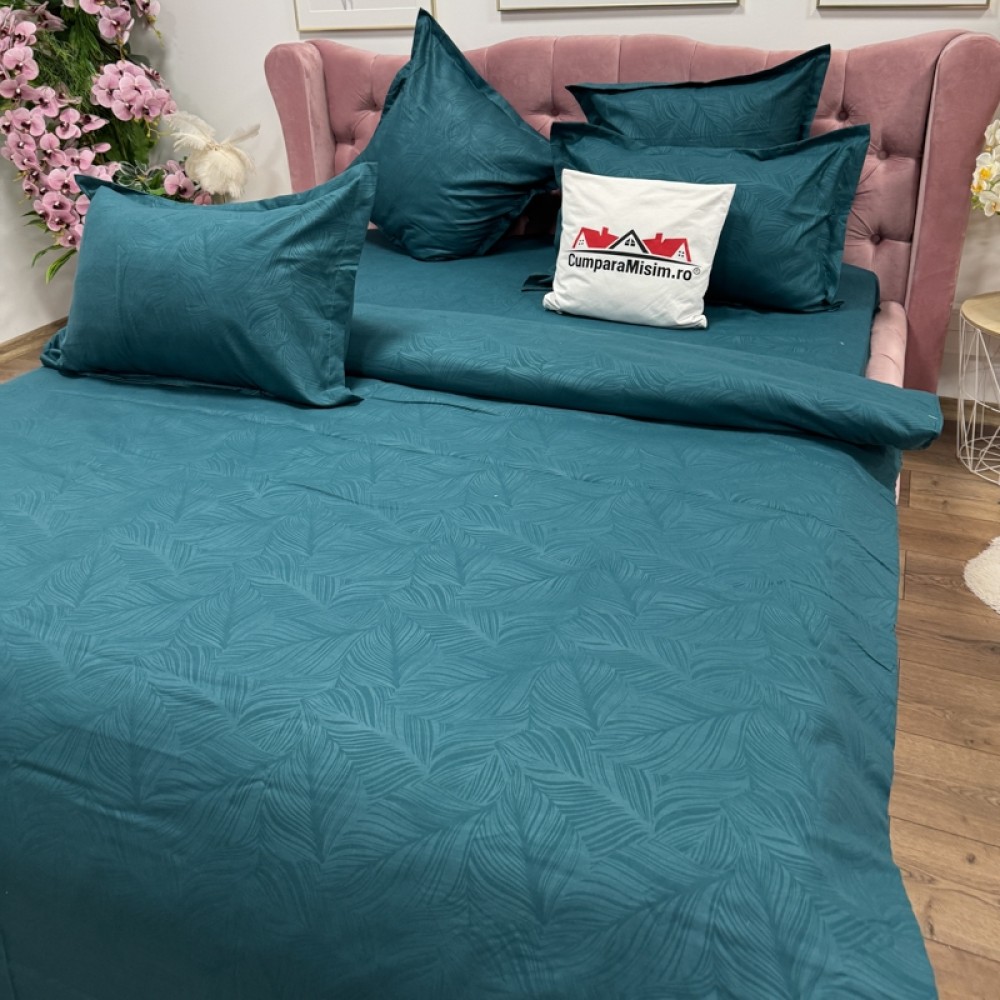 Lenjerie pat dublu, Finet tip Damasc cu Frunze, 6 piese, Verde — imaginea 8