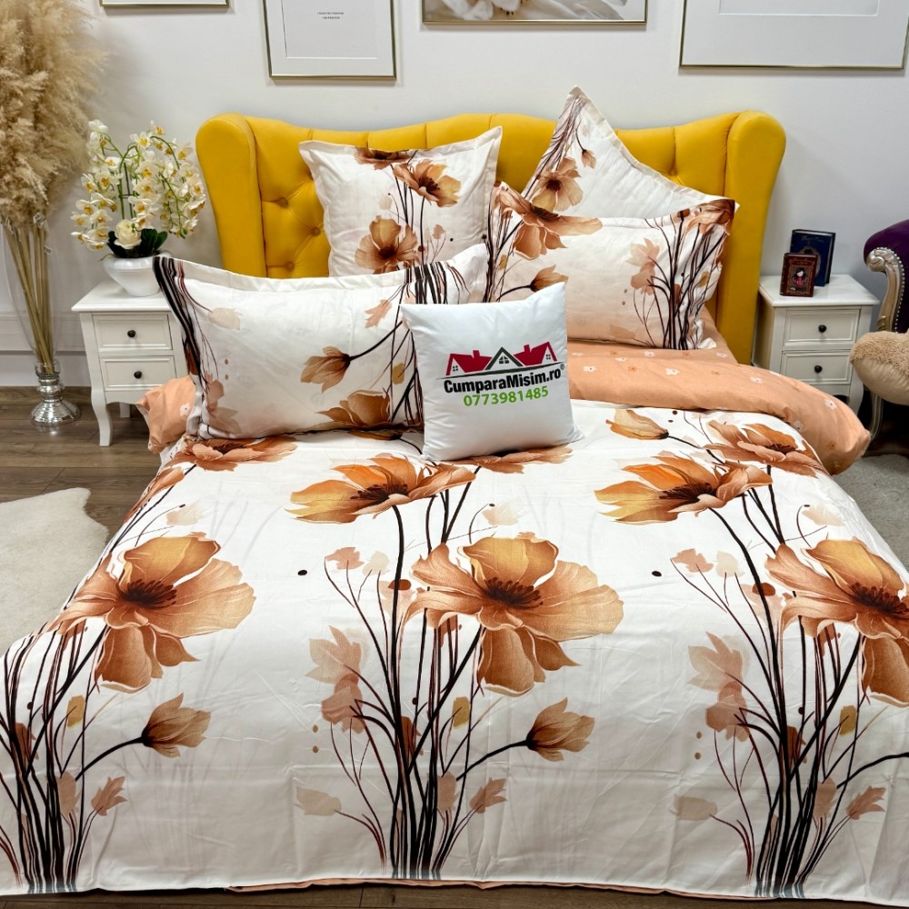 Lenjerie pat dublu, Finet, 6 piese, Crem, flori - view 2