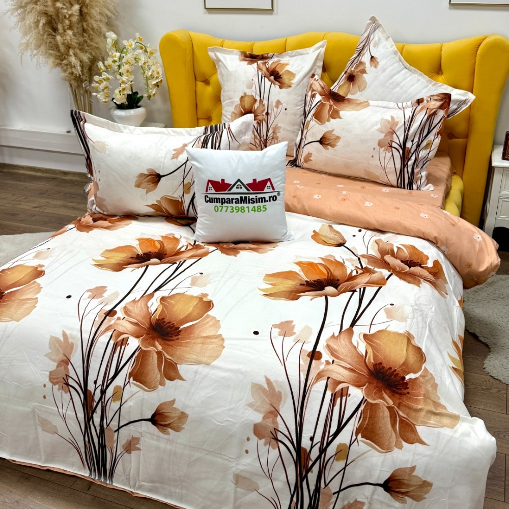 Lenjerie pat dublu, Finet, 6 piese, Crem, flori - view 3