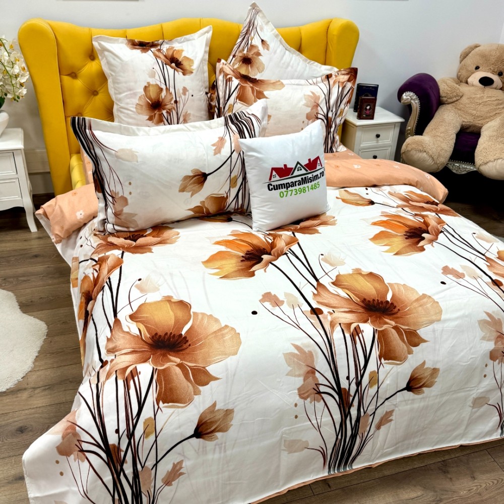 Lenjerie pat dublu, Finet, 6 piese, Crem, flori - view 4