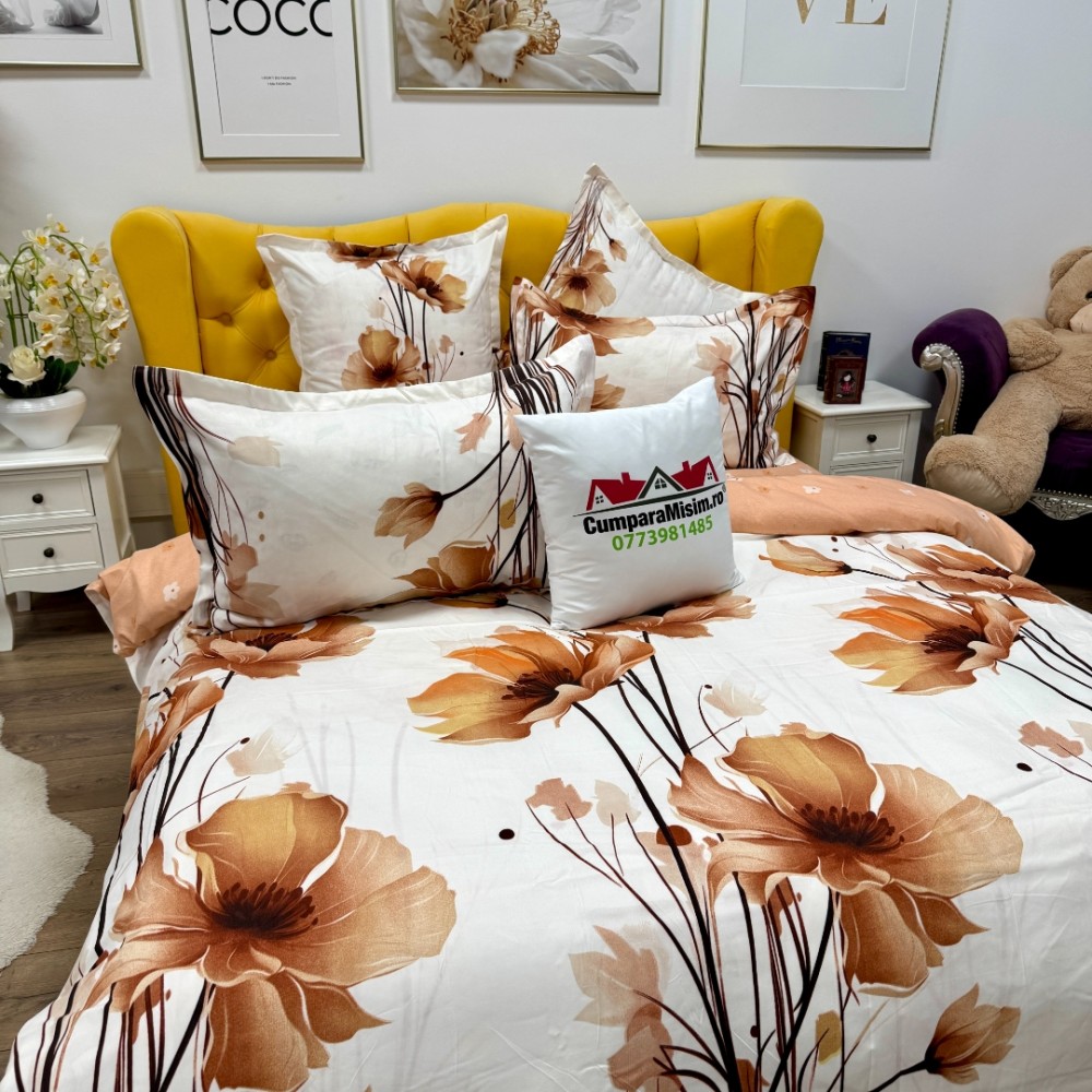 Lenjerie pat dublu, Finet, 6 piese, Crem, flori - view 5