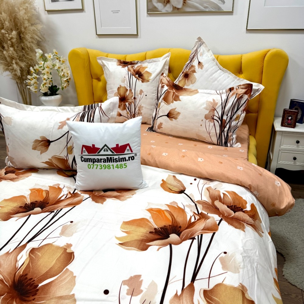 Lenjerie pat dublu, Finet, 6 piese, Crem, flori - view 6