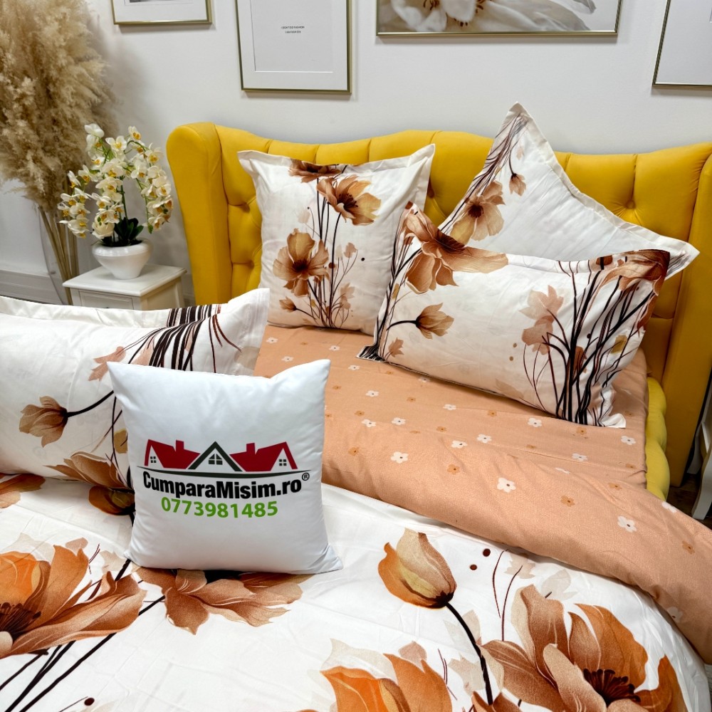 Lenjerie pat dublu, Finet, 6 piese, Crem, flori - view 7