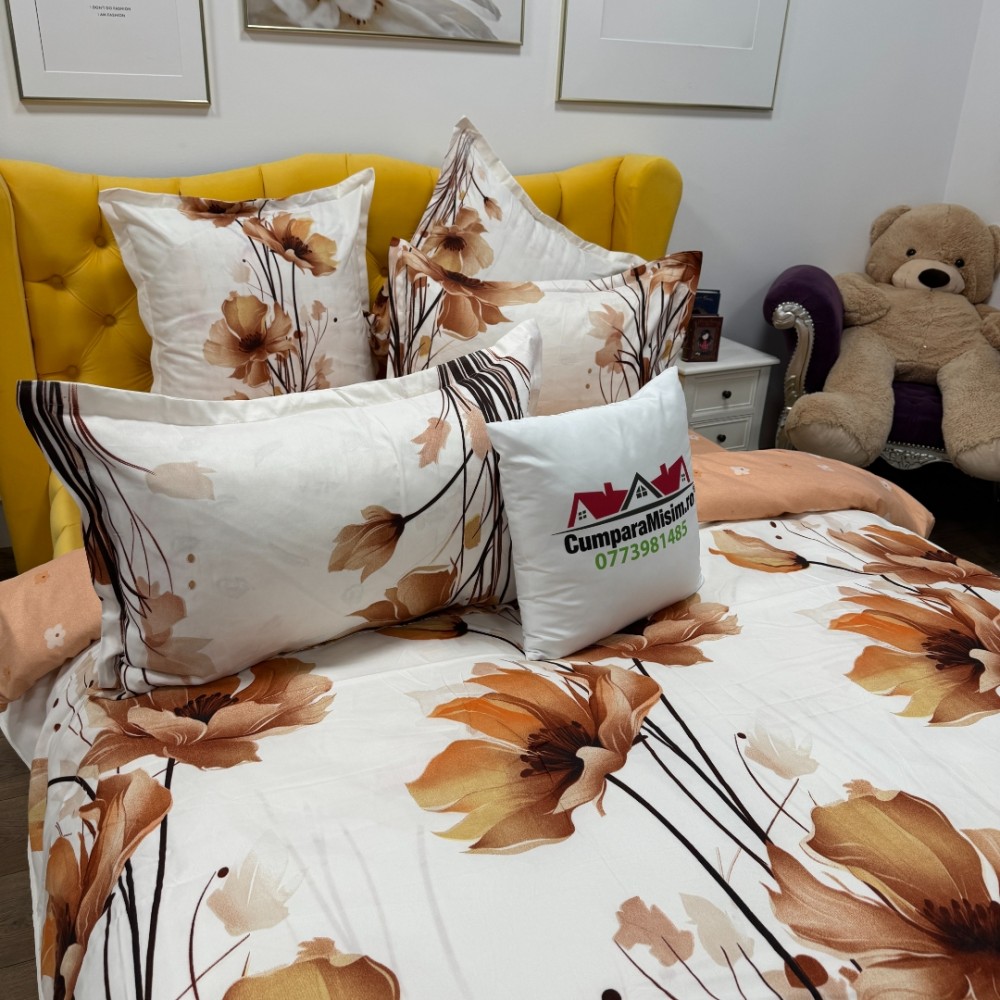 Lenjerie pat dublu, Finet, 6 piese, Crem, flori - view 9
