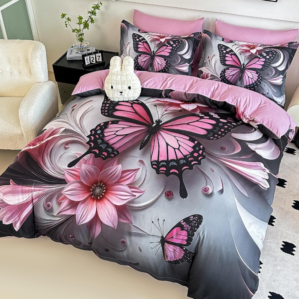 Lenjerie pat dublu, FINET, Imprimeu Digital 5D - Identic cu poza, Cu ELASTIC, 6 piese, Jojo Home, Roz, Gri, Fluturi, Flori - view 2