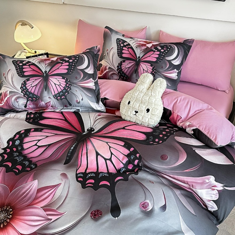 Lenjerie pat dublu, FINET, Imprimeu Digital 5D - Identic cu poza, Cu ELASTIC, 6 piese, Jojo Home, Roz, Gri, Fluturi, Flori - view 3