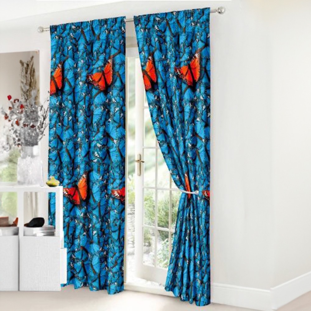 Set Lenjerie pat dublu cu Elastic (140x200cm) + 2 draperii, finet, 6 piese, Albastru, Fluturi — imaginea 2