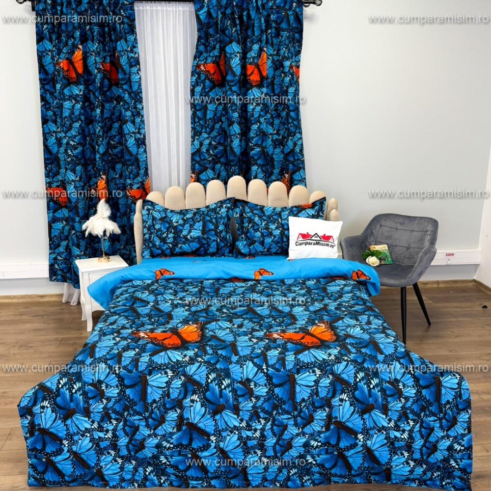Set Lenjerie pat dublu cu Elastic (140x200cm) + 2 draperii, finet, 6 piese, Albastru, Fluturi — imaginea 3