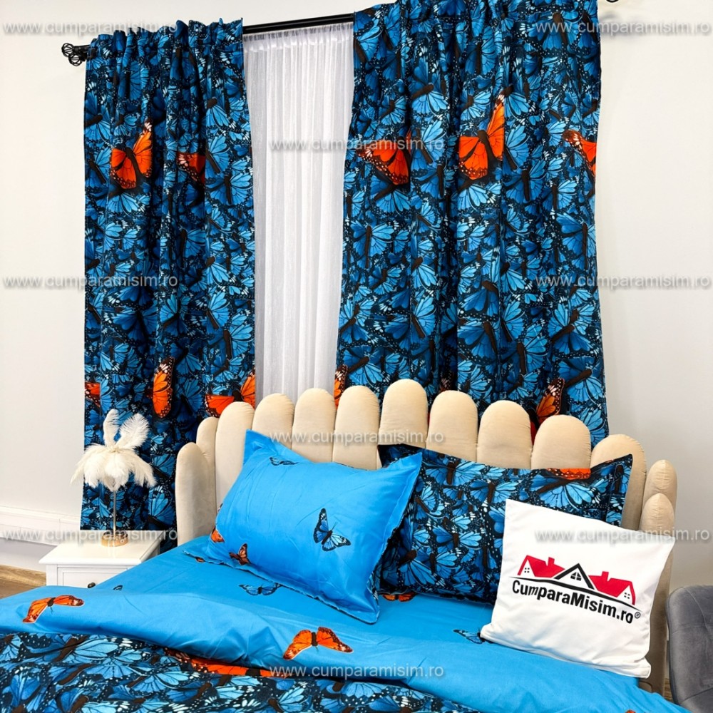 Set Lenjerie pat dublu cu Elastic (140x200cm) + 2 draperii, finet, 6 piese, Albastru, Fluturi — imaginea 8
