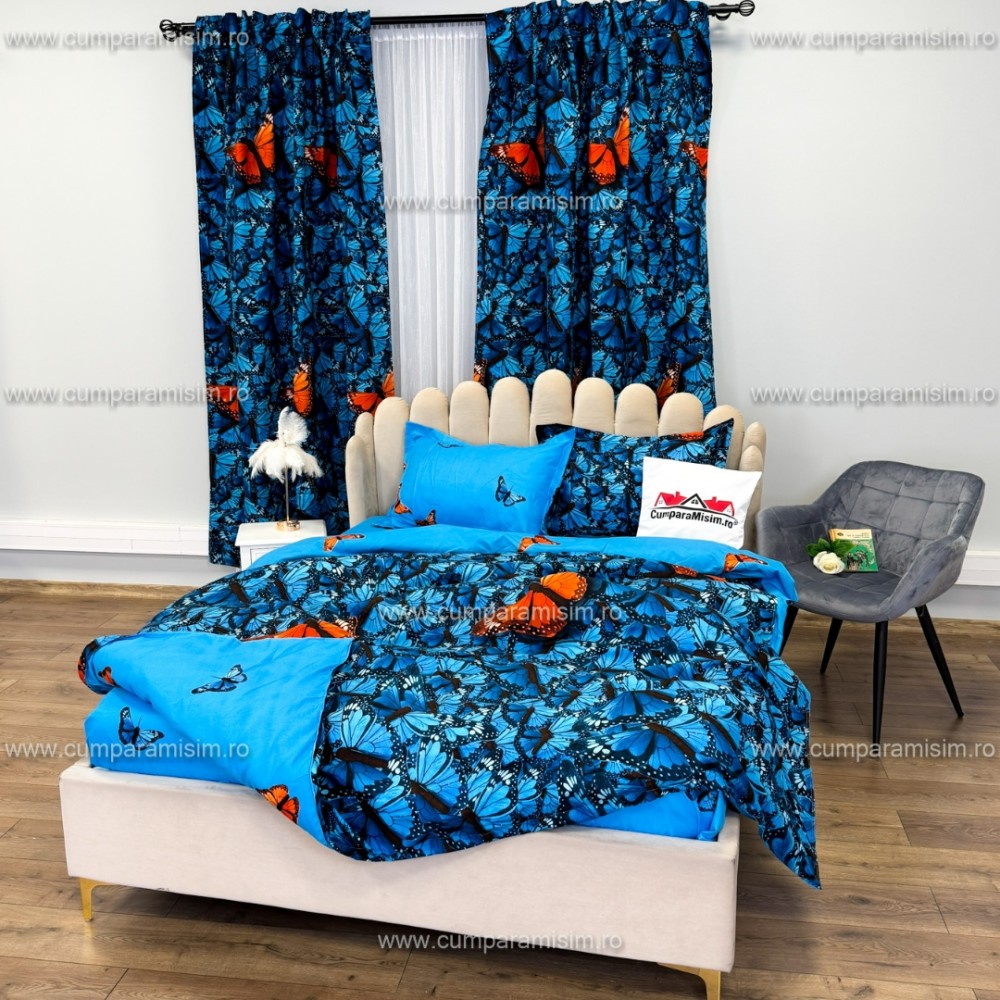 Set Lenjerie pat dublu cu Elastic (140x200cm) + 2 draperii, finet, 6 piese, Albastru, Fluturi — imaginea 9