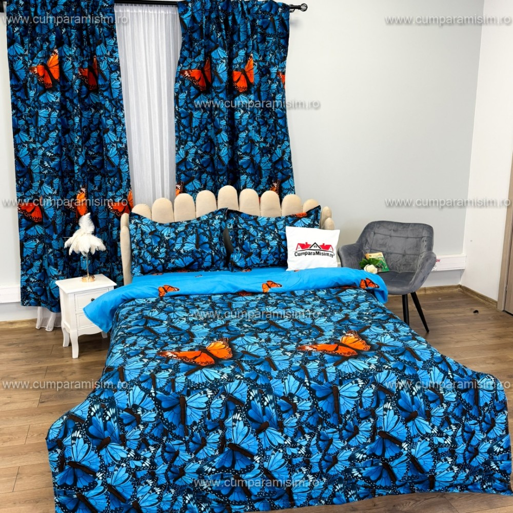 Set Lenjerie pat dublu cu Elastic (140x200cm) + 2 draperii, finet, 6 piese, Albastru, Fluturi — imaginea 10