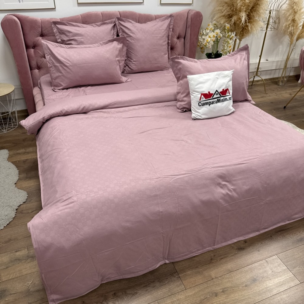 Lenjerie pat dublu cu Elastic, Damasc cu Patratele, 6 piese, Grena - view 11