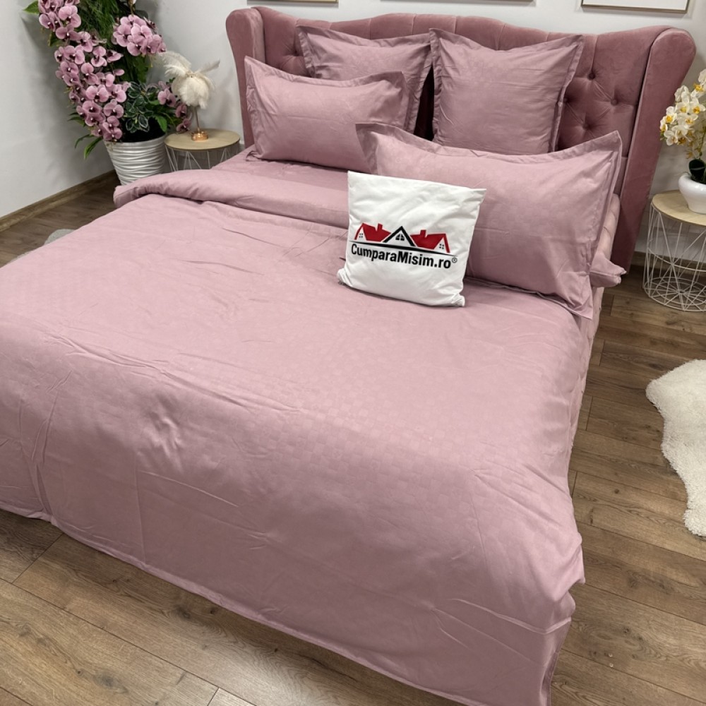 Lenjerie pat dublu cu Elastic, Damasc cu Patratele, 6 piese, Grena - view 12