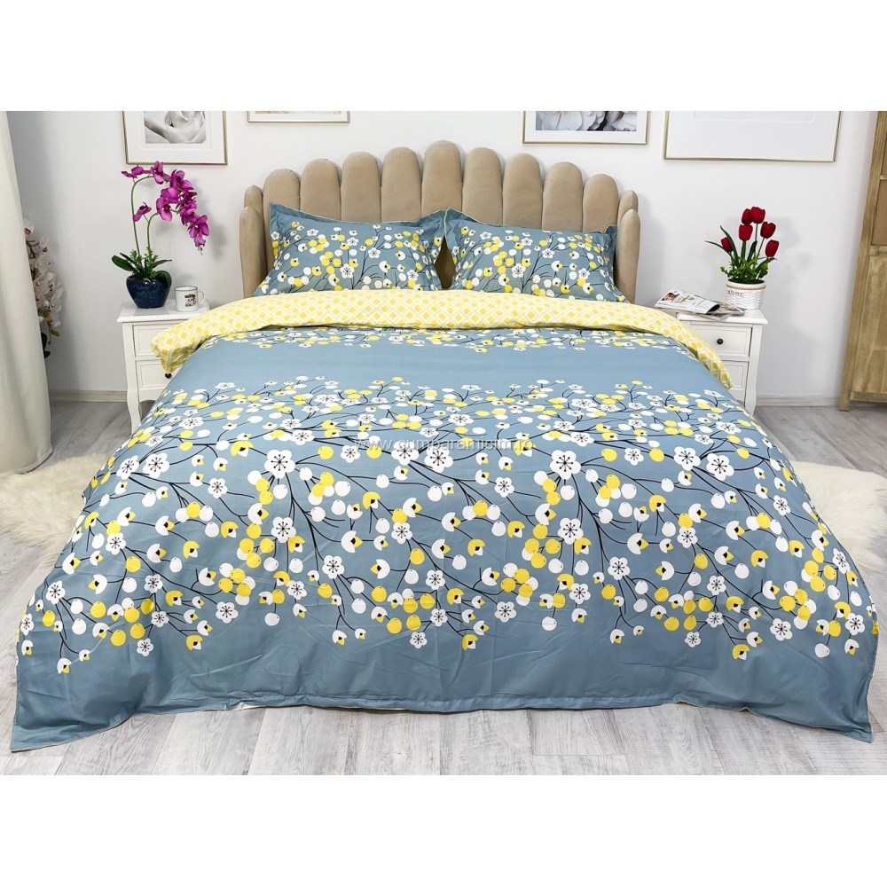 Lenjerie pat dublu, bumbac satinat, cearsaf clasic, 4 piese,  Albastru, floricele - view 2