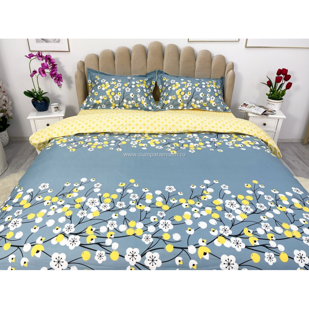 Lenjerie pat dublu, bumbac satinat, cearsaf clasic, 4 piese,  Albastru, floricele - view 3